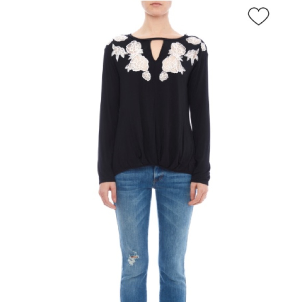 Anthropologie Black Long Sleeve Tee with White Floral Detail